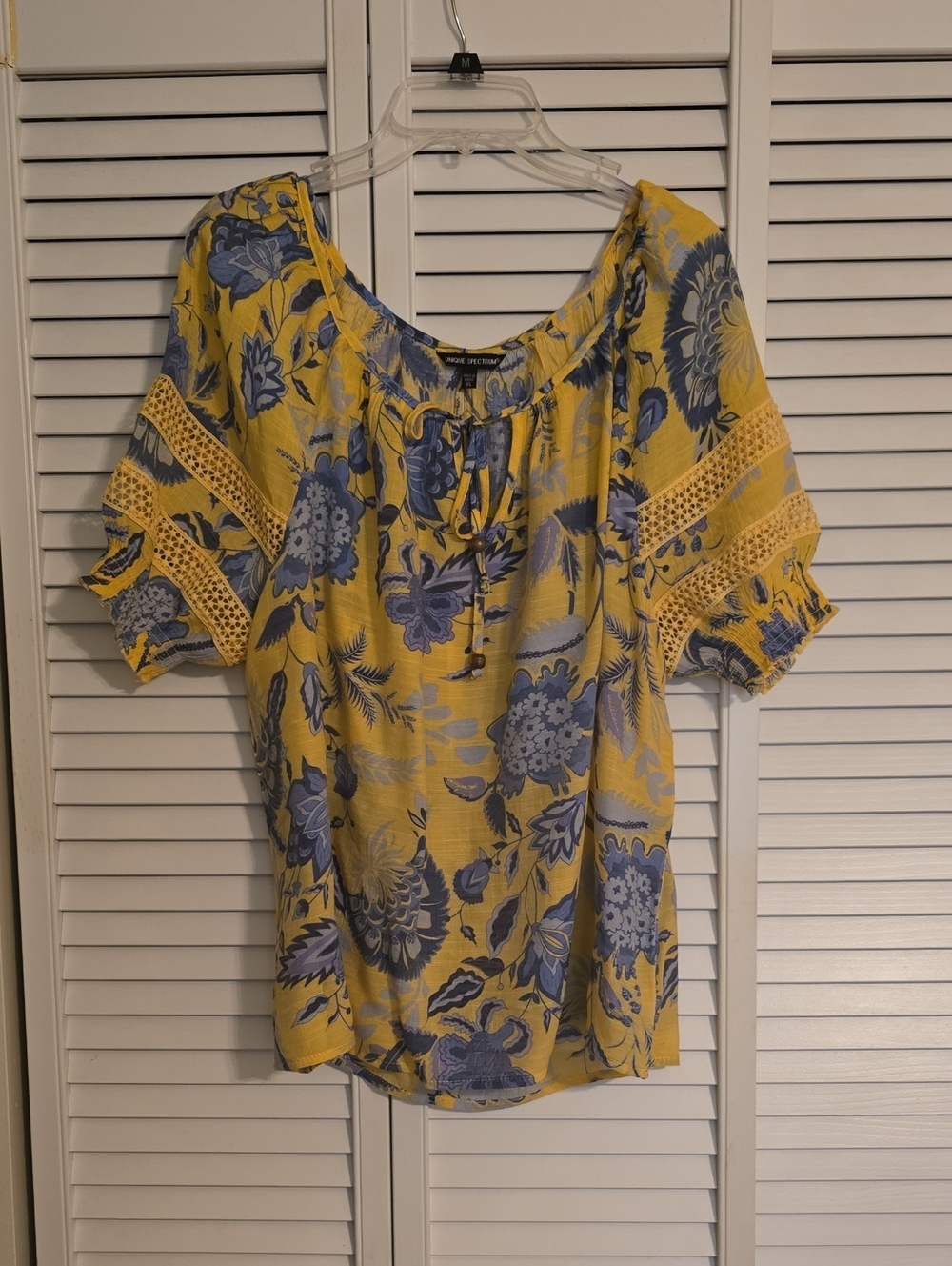 Unique Spectrum Yellow Floral Peasant Blouse with Blue Print